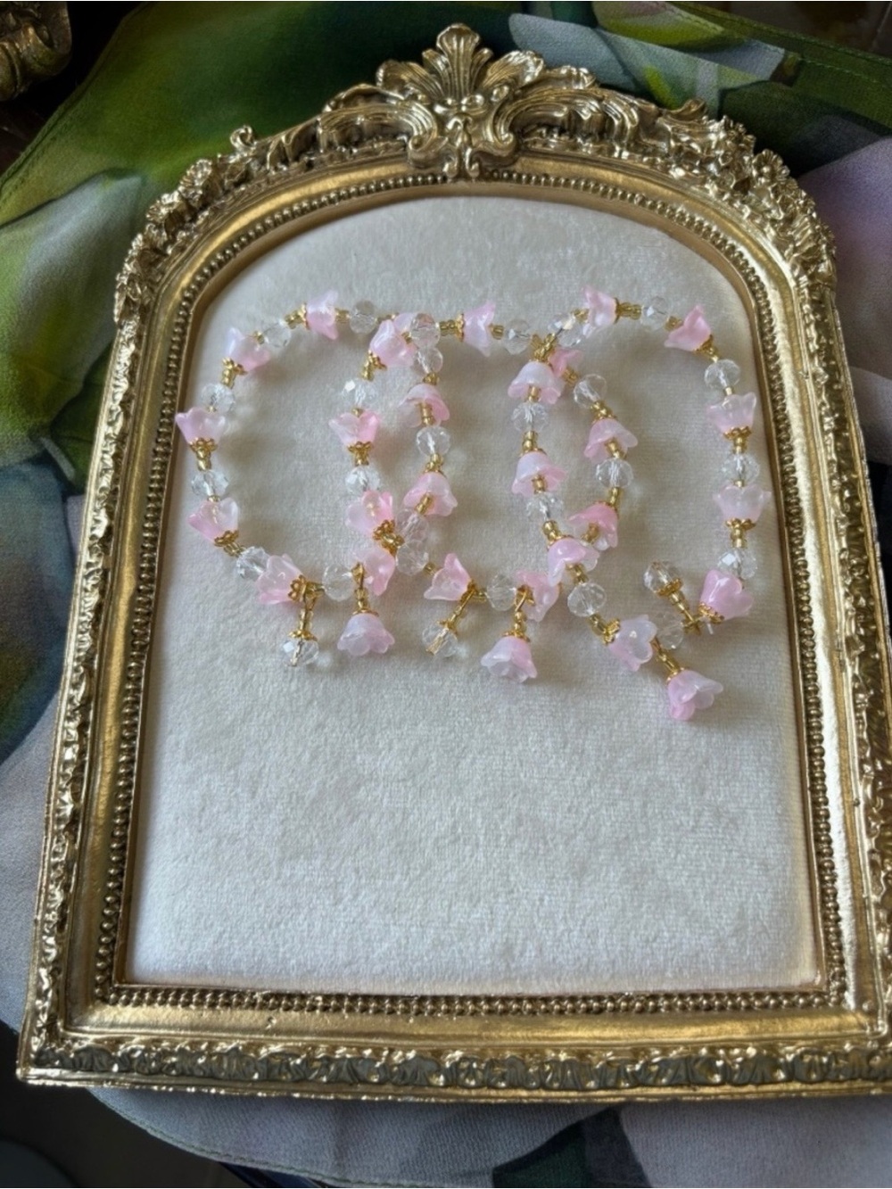 Pink Glass Flower Stretch Bracelet One Size Fits Most Set of Three